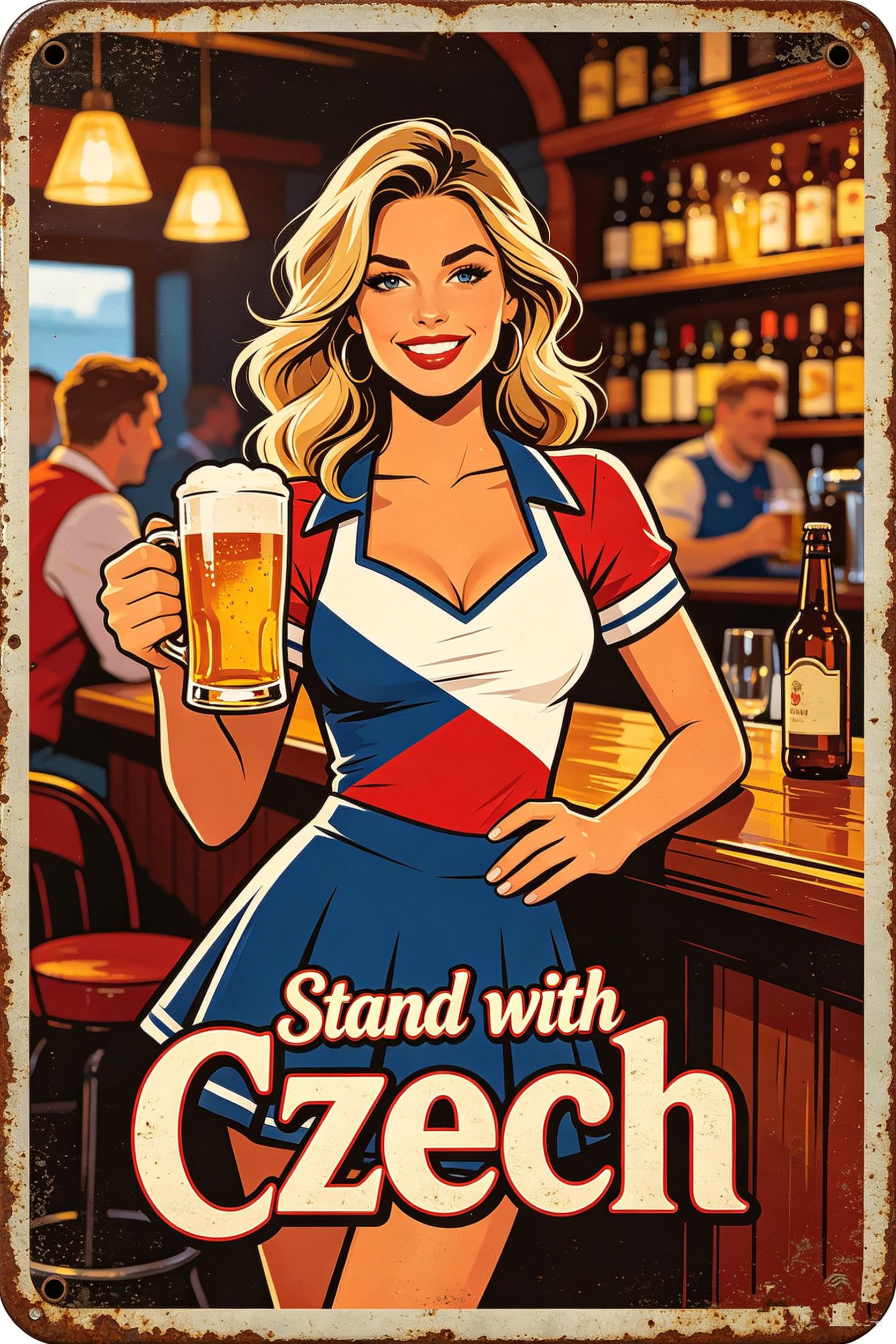 Liantsh Czech Stand With Retro Pin-Up Bar Metal Tin Sign, 8X12 Inch Vintage Pub Wall Art Decor, Rustic Patriotic Plaque For Man Cave Home Bar, Gift For Beer & Football Sports Fans