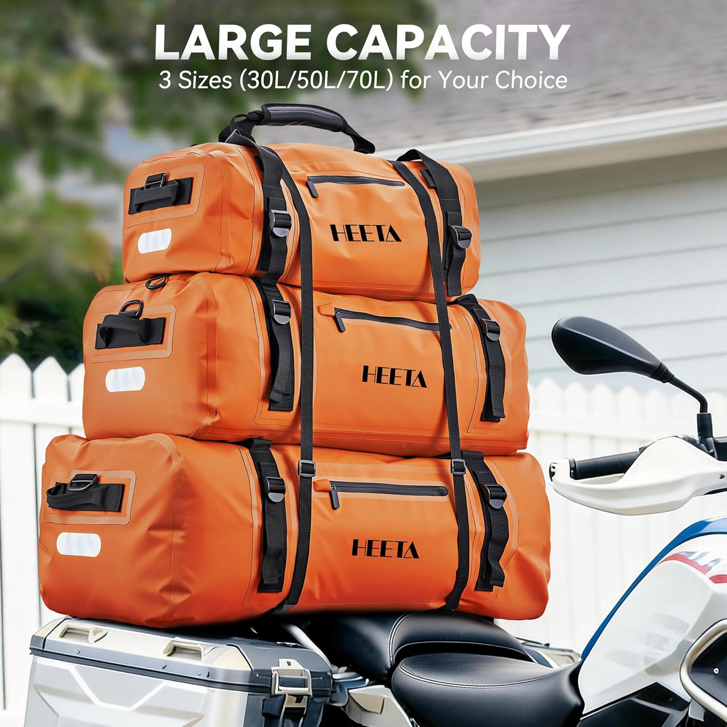 HEETA Waterproof Motorcycle Dry Bag, Waterproof Duffel Luggage Travel Bags with Zippered Closure & Pocket, Shoulder Straps, Large Space for Motorcycling Camping Commuting Boating (Orange, 50L)
