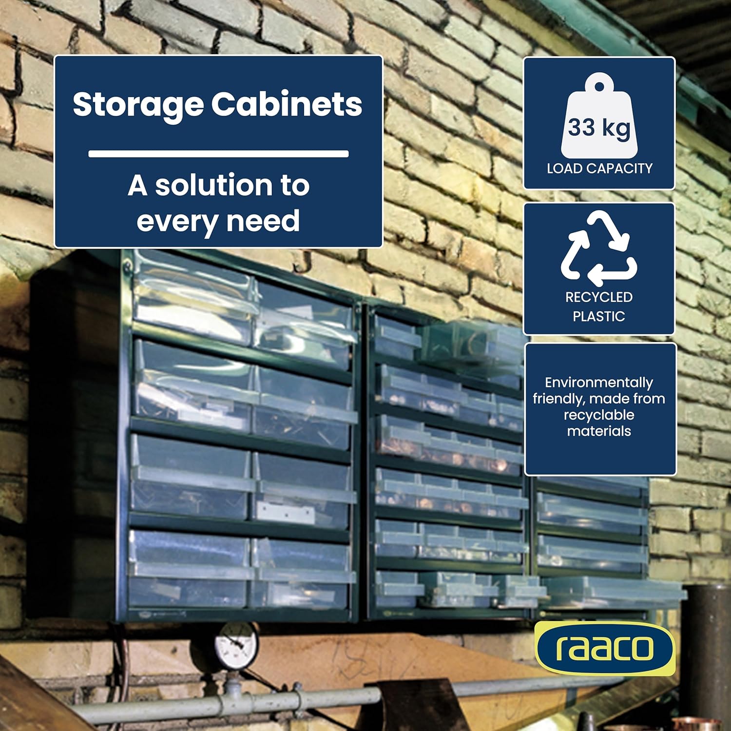 Raaco Steel Storage Cabinet, Tall 44-Drawer, Clear Polypropylene Plastic Drawer – Small Parts Organizer, Screws, Nuts & Bolts, Crafts & Hardware – Tool Cabinet for Workbench & Wall Storage (C11-44)