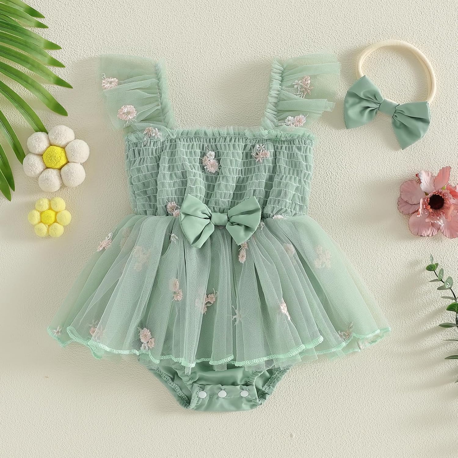 Douhoow Baby Girl Plaid Romper Flying Sleeve Ruffle Baby Dress Romper Infant Girl Summer Clothes with Headband - Image 2