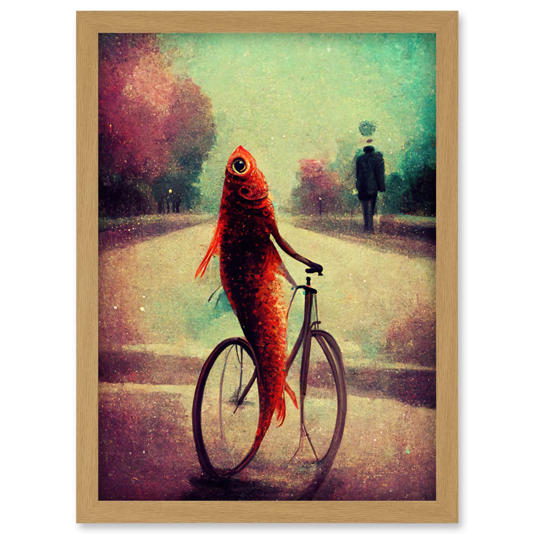 Doppelganger33 LTD Koi Fish With Bicycle Surrealism Purple Teal Park Dream Artwork Framed Wall Art Print A4