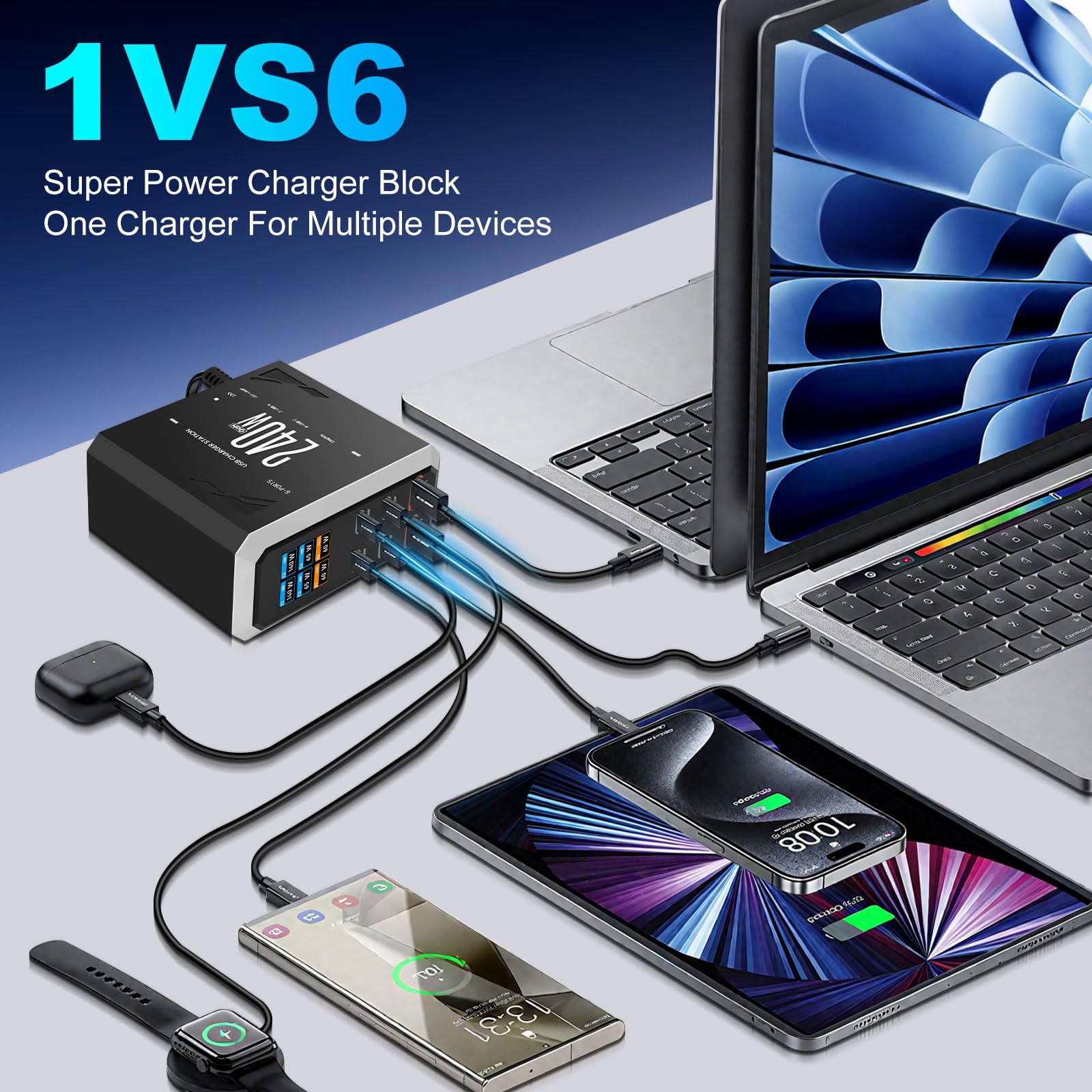 Cargador USB C múltiple de 240 W con 6 puertos, GaN 3 USB cargador rápido múltiple con 4 puertos USB-C y 2 puertos USB-A, PD140W, 65 W, 60 W, estación de carga USB C para MacBook Pro/Air, iPhone, iPad