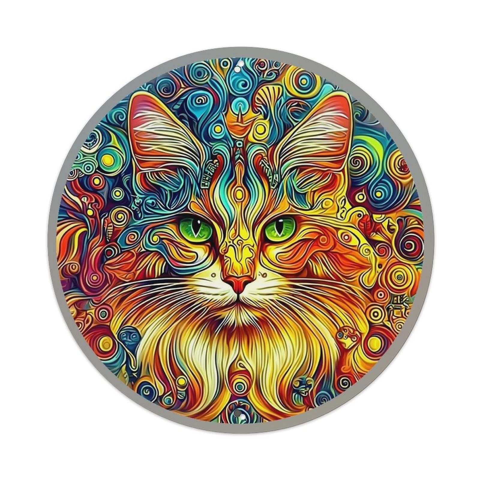 Psychedelic Colorful Cat Face Art Retro Metal Tin Sign, Vintage Metal Poster for home, Gaming Room, Studio Workshop,Bar,Garage Wall Art Decor 8x8 inch