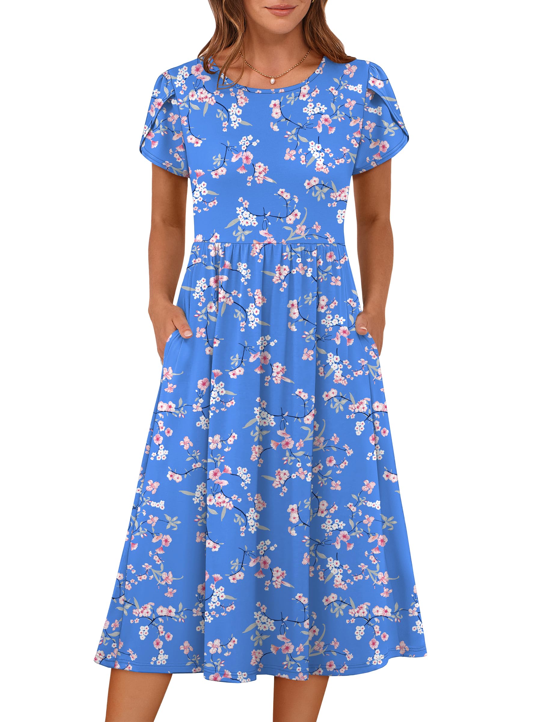 ANRABESS Vestido feminino de verão manga curta evasê midi casual floral vestido de praia rodado vestido de verão com bolsos