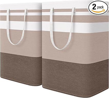 HomeHacks 2-Pack Large Laundry Basket, Waterproof, Freestanding Laundry Hamper, Collapsible Tall Clothes Hamper with Extended Handles for Clothes Toys in the Dorm and Family (Brown, 75L)