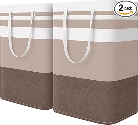 HomeHacks 2-Pack Large Laundry Basket, Waterproof, Freestanding Laundry Hamper, Collapsible Tall Clothes Hamper with Extended Handles for Clothes Toys in the Dorm and Family (Brown, 75L)