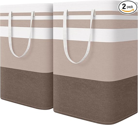 HomeHacks 2-Pack Large Laundry Basket, Waterproof, Freestanding Laundry Hamper, Collapsible Tall Clothes Hamper with Extended Handles for Clothes Toys in the Dorm and Family (Brown, 75L)