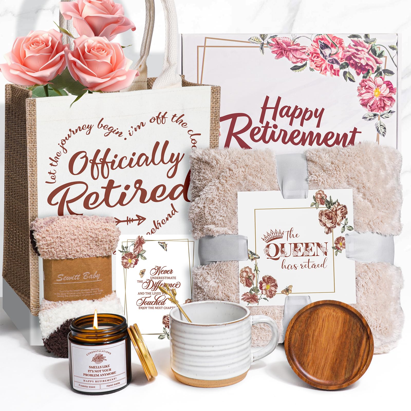 Retirement Gifts for Women , Funny Luxury Gift Box Set with Blanket, Mug with Lid and Spoon, Candle, Socks, Tote Bag, Card ,Happy Retirement Gift for