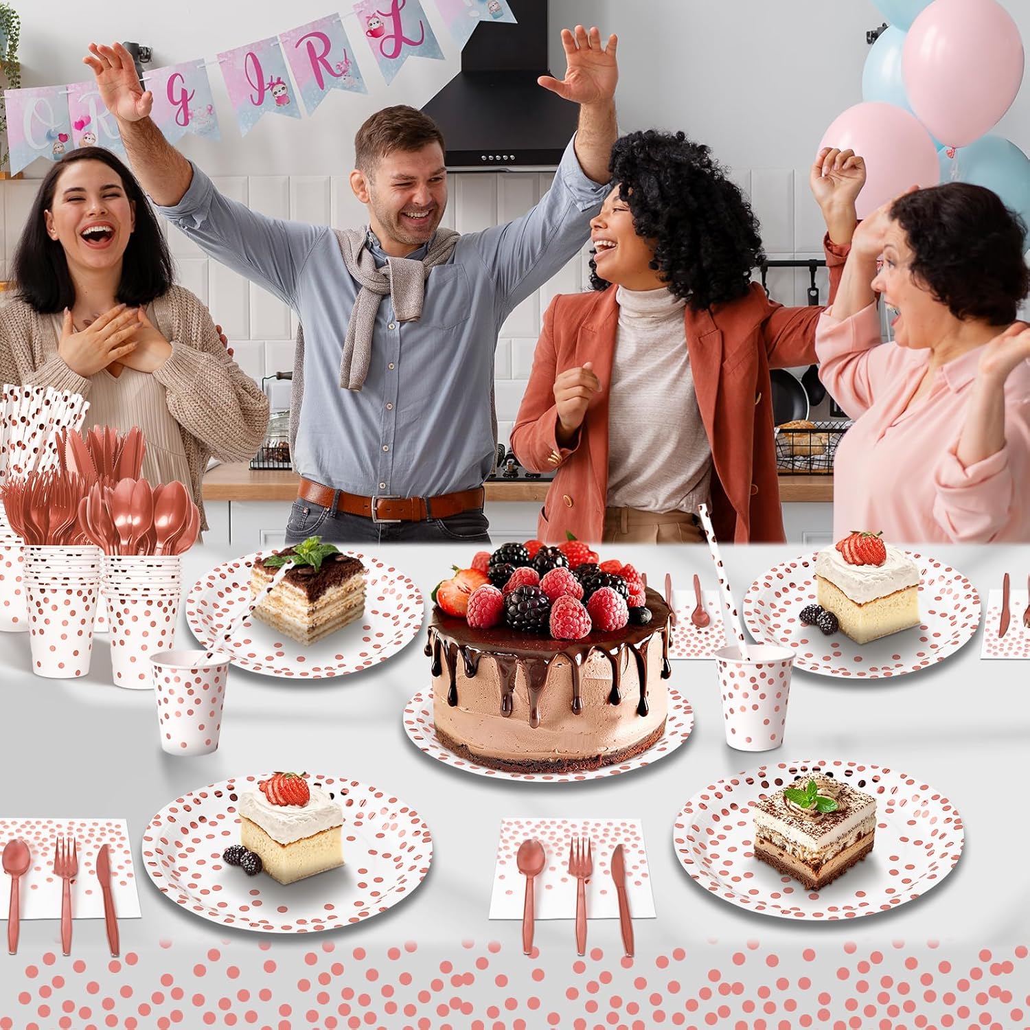 Nkaiso 193 Pcs Rose Gold Paper Plates and Napkins Party Supplies Sets Include White Party Plate Cup Napkin Plastic Cutlery for Baby Shower, Wedding, Birthday Decoration -24 Guest