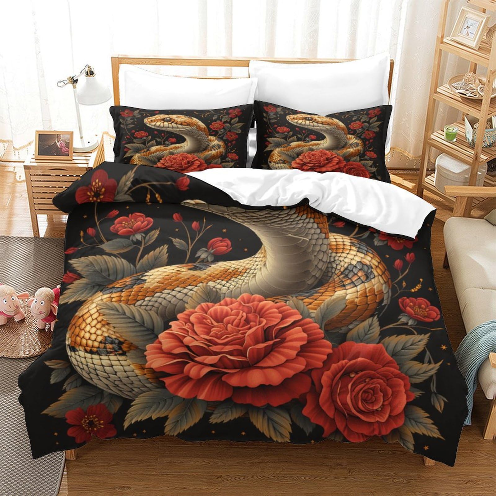 P1S9U7W5Y Vintage Snake 3D Printed Duvet Cover Set 3pcs Microfiber Floral Snake Bedding Set King（220x240cm）