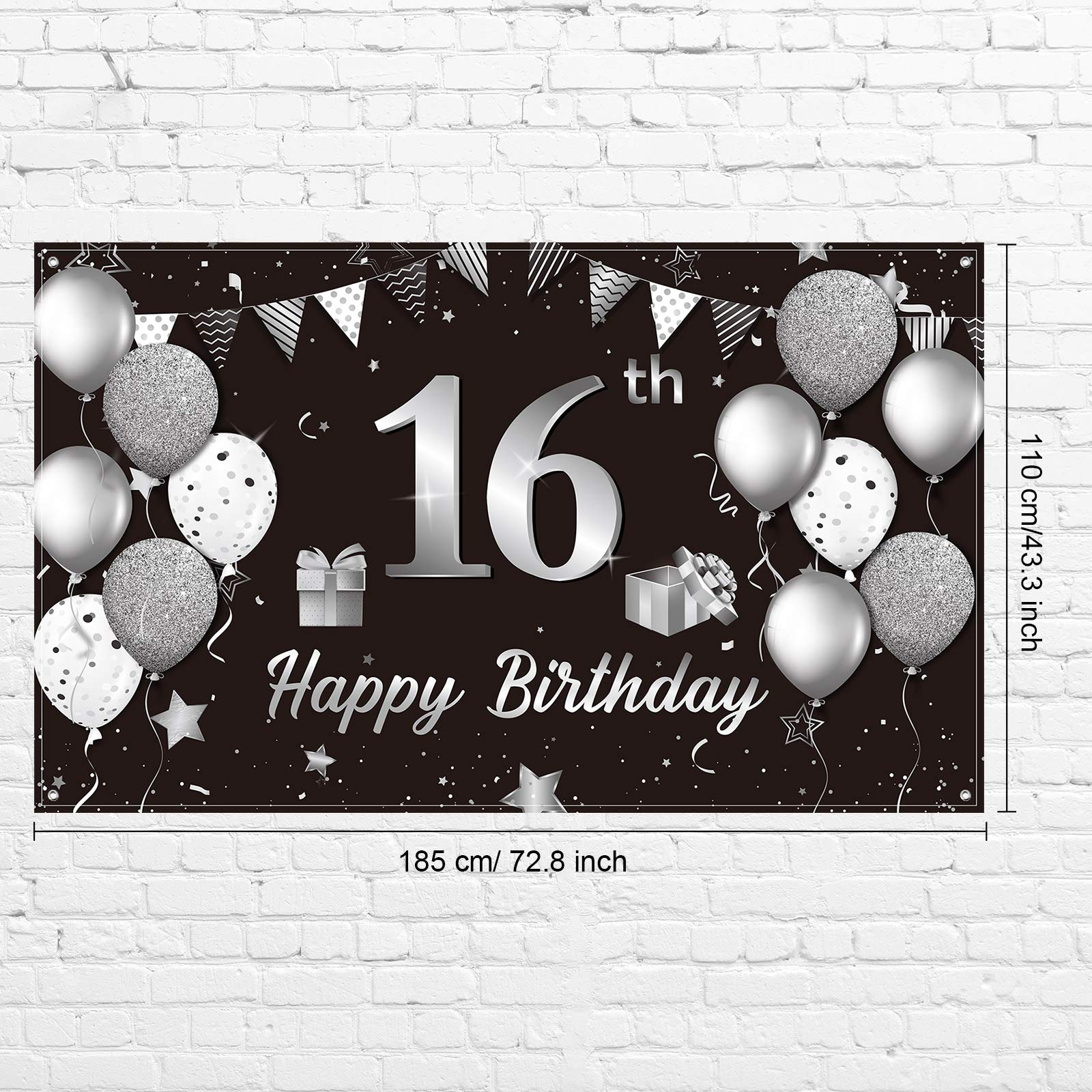 Happy 16th Birthday Backdrop Banner Extra Large Fabric Black Silver 16th Birthday Sign Poster Photography Background Backdrop Banner for Sweet 16th Birthday Anniversary Party Decor, 72.8 x 43.3 Inch