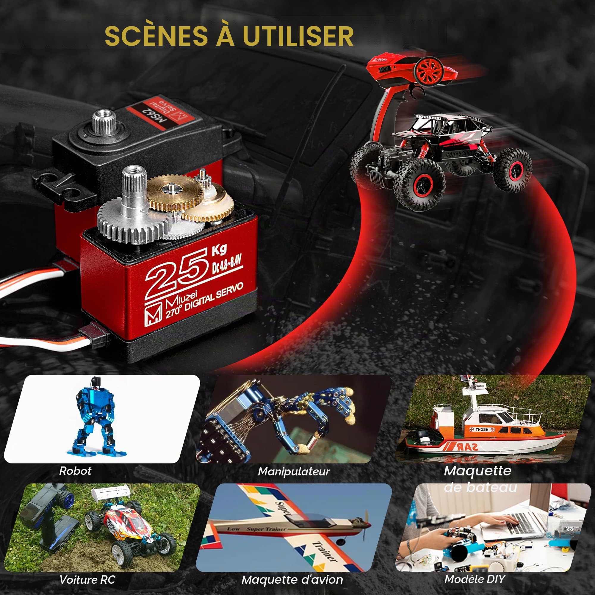 Miuzei Servo numérique 25 kg Servo de direction étanche à haute torque engrenage métallique 270 ° Servo+moteur pour mini RC voiture 1/8 1/10 1/12 bateau avec corne 25T câble servo vis