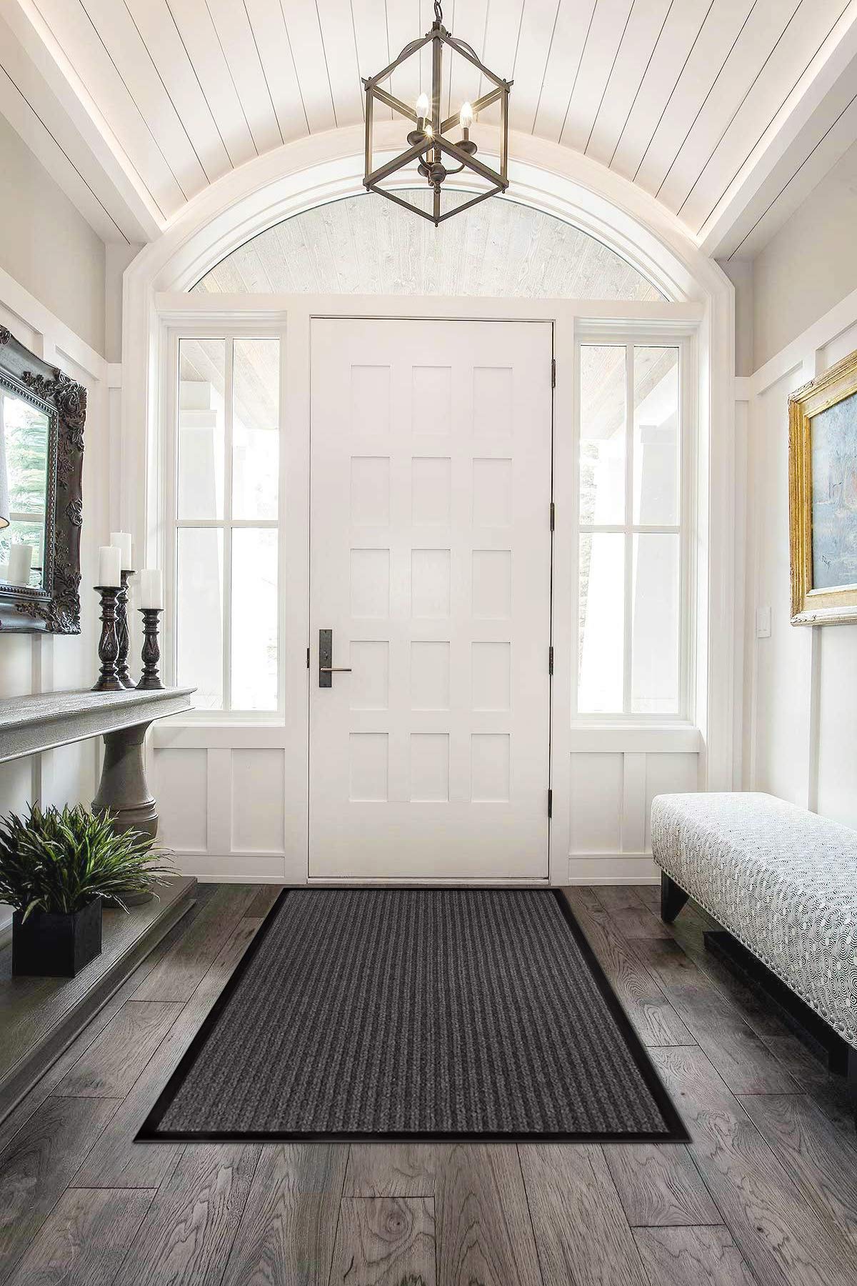 LuxUrux 4x6 ft Rubber Door Mat - Heavy Duty, Indoor/Outdoor, Waterproof, Easy to Clean, Striped Gray Design - Stylish Low-Profile Entry Mat for Ultimate Protection & Elegance.