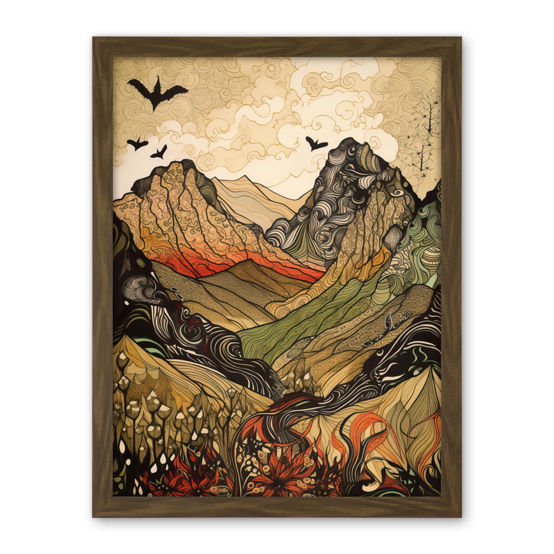 Artery8 Mountain Landscape Multicoloured Pattern Linocut Artwork Framed Wall Art Print 18X24 Inch