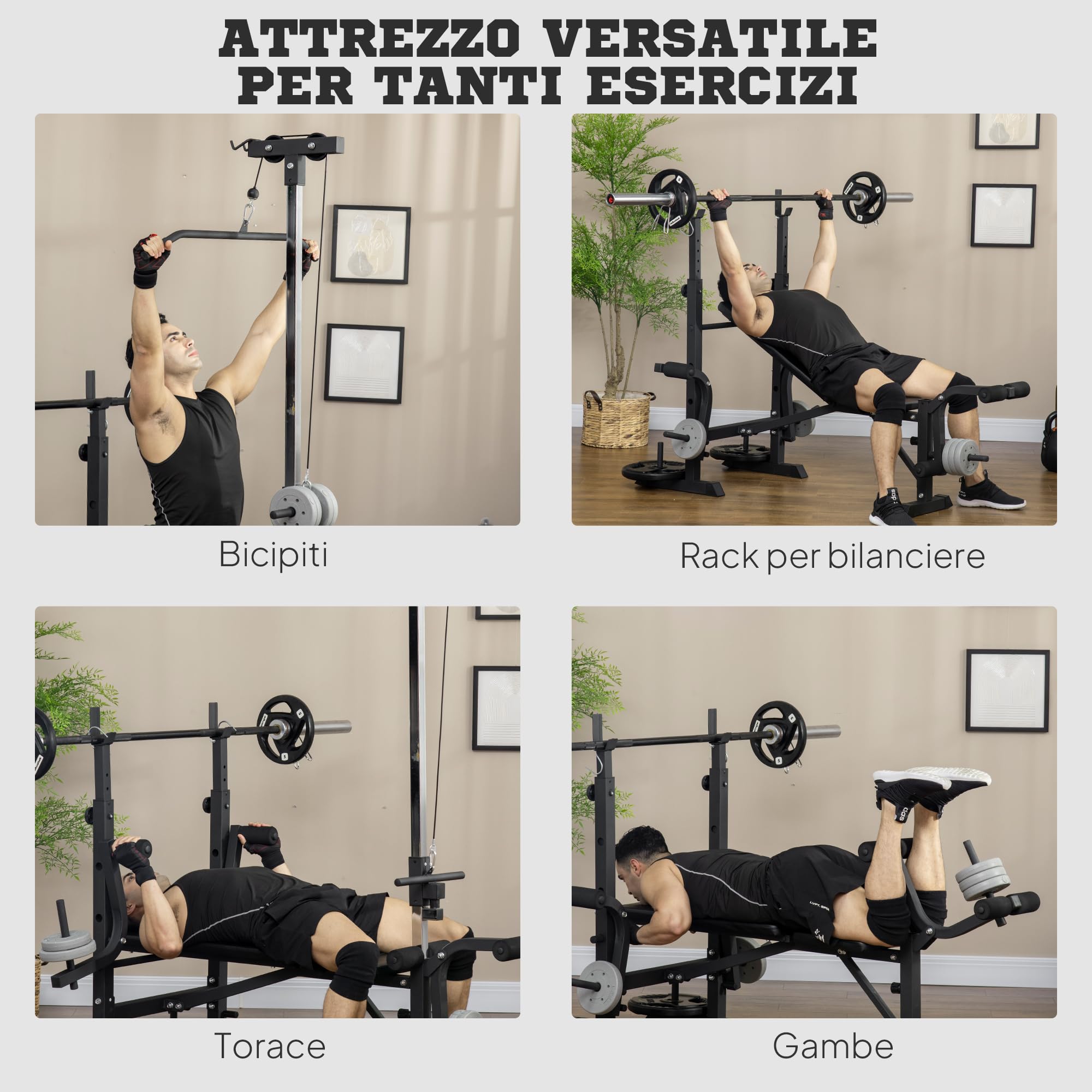 HOMCOM Panca Palestra Multifunzione con Pulley System, Supporto Bilanciere e Schienale Regolabili, Panca Pesi Inclinabile Piana con Leg Extension, Chest Expansion, Portapesi, Allenamento Palestra Casa