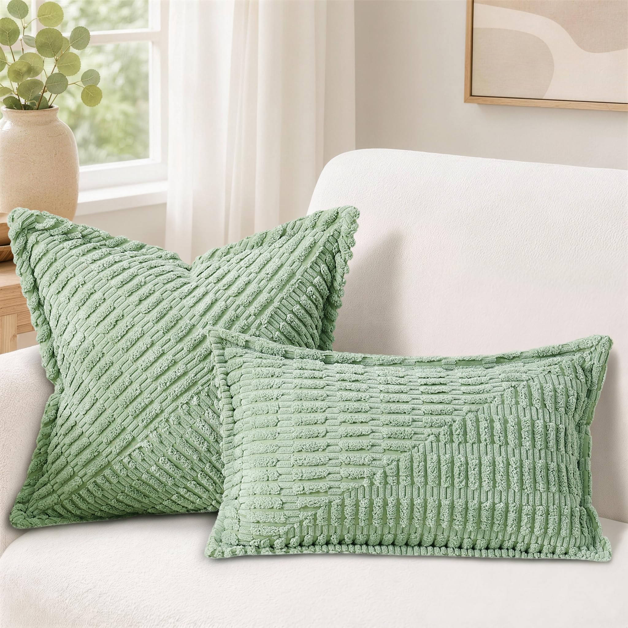 decorUhome Set di 2 federe per cuscino autunnali in velluto a coste verde salvia 26 x 26 cm