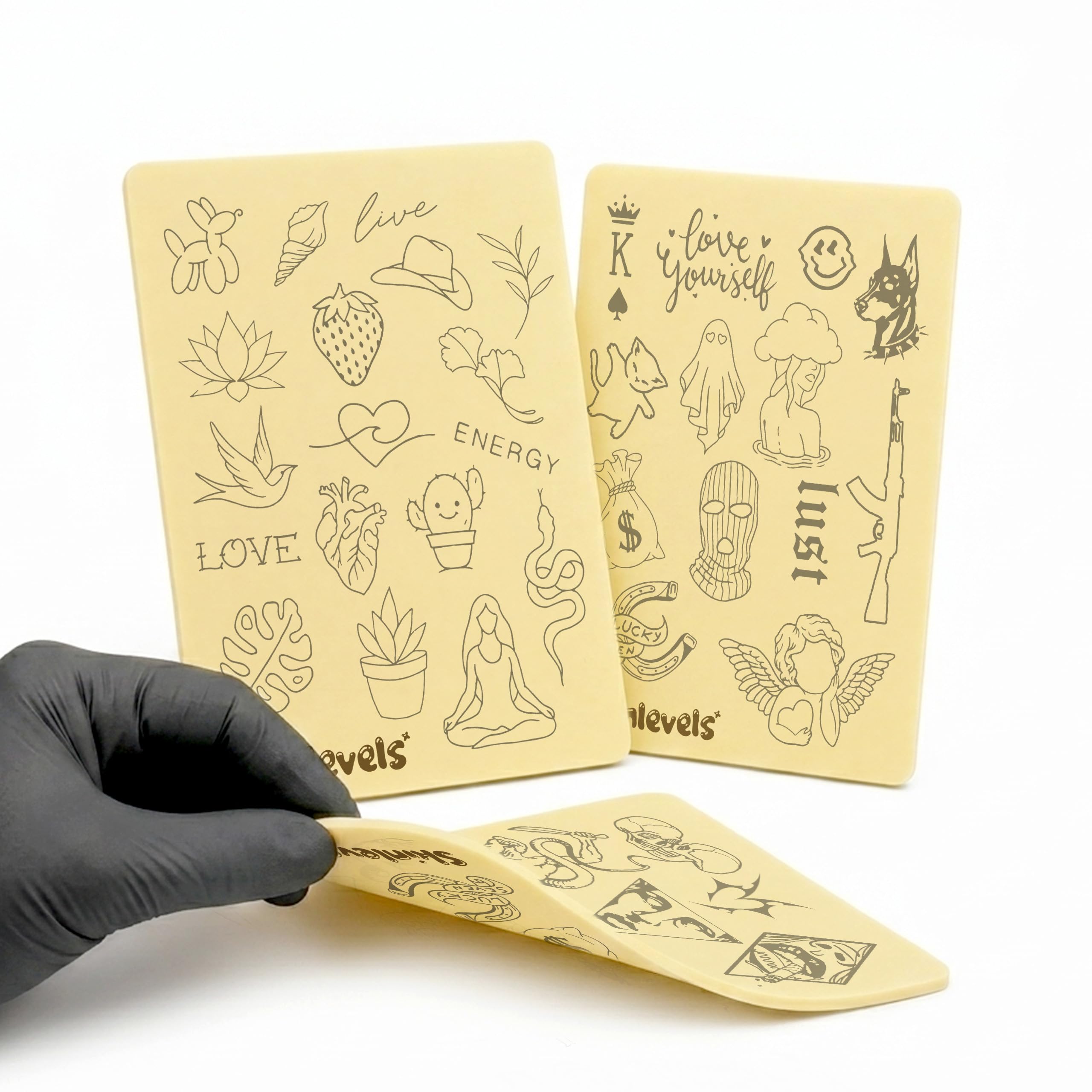 Pieles Sintéticas de Práctica para Tatuaje con Diseños Preimpresos – Pack Ignorant & Chiqui Tattoo – 4 Superficies Doble Cara 3mm – 20x15 cm – Sin Stencil – Practica Directamente