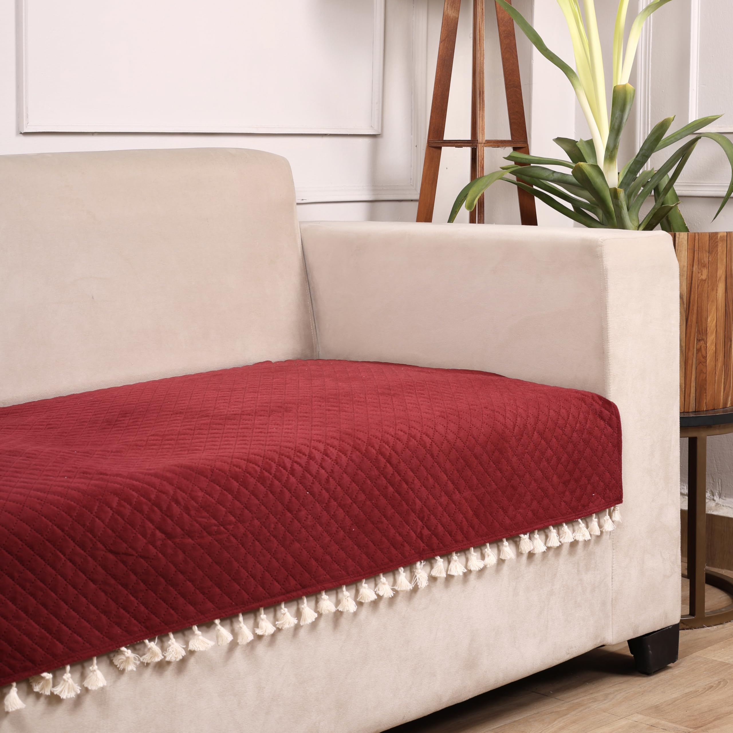 STITCHNEST 2 Seater Quilted Velvet Sofa Cover with Tassels | Elegant Maroon Sofa Protector for Living Room | Soft, Washable | Perfect for Enhancing Living Room Interiors