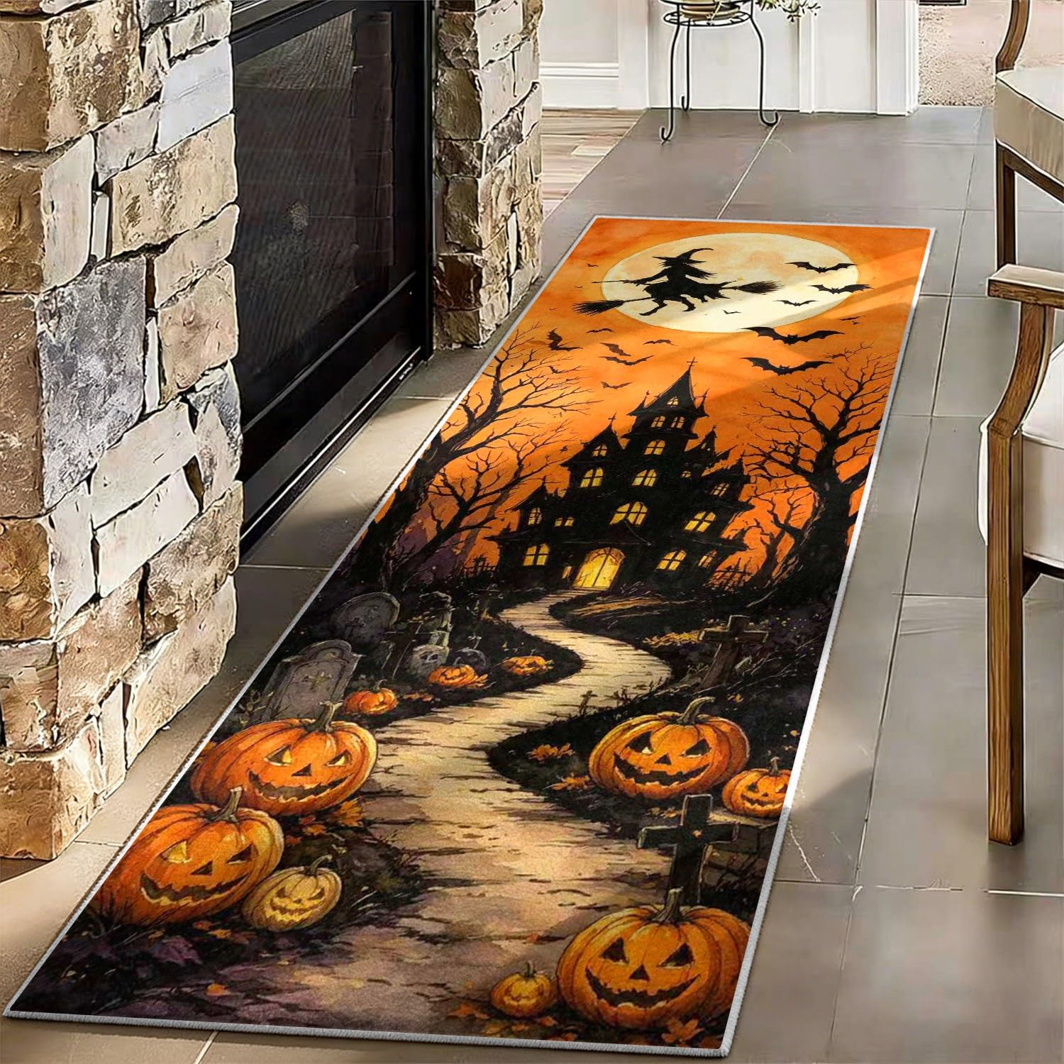 Washable Area Rug Halloween Witch Haunted House Design 60x300cm Autumn