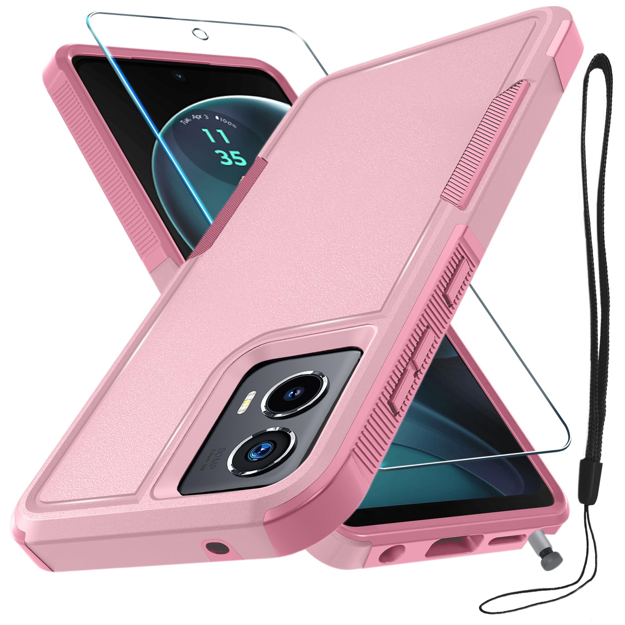 RMOCR Case Compatible with Moto G Stylus 5G 2024, Full Body Heavy Duty Rugged Shockproof Protective Phone Cover with Lanyard Strap, Tempered Glass Screen Protector, Cute Pink