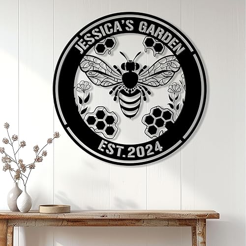 Miniatura 3 de Letrero de metal personalizado de abeja, letrero colgante de abeja para porche al aire libre, valla de pared con nombre personalizado, patio,
