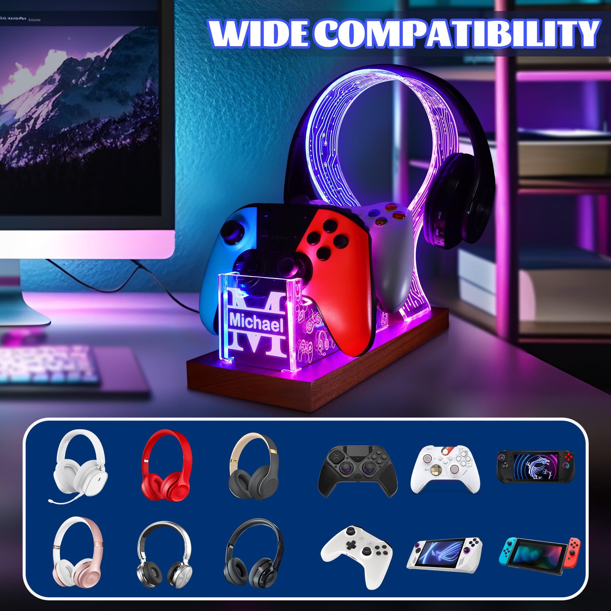 YuanDian Regalos para jugadores adolescentes, auriculares de escritorio y soporte de controlador con luz nocturna LED azul y rosa, soporte de controlador de madera acrílica con patrón de PCB, regalo