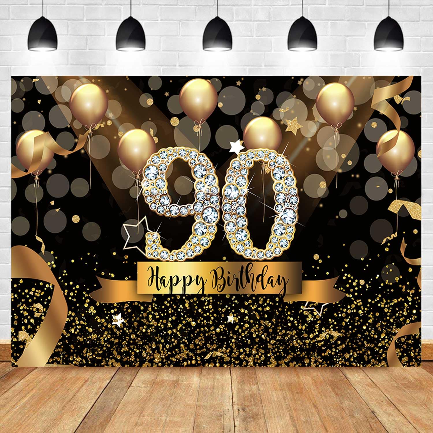 Sensfun 7x5ft Happy 90th Birthday Backdrop for Women Men Black Gold Balloons Photography Background Diamond 90th Birthday Decorations Banner Cheers to