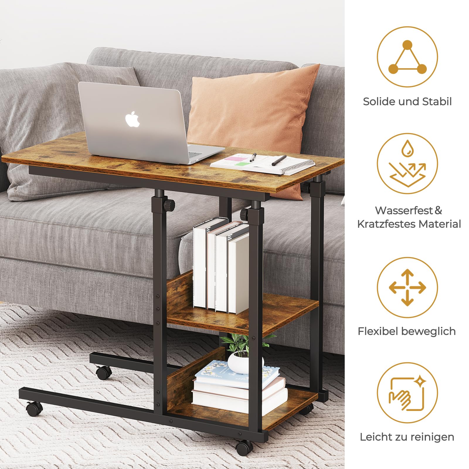 Dripex Mesa Auxiliar con Ruedas para Ordenador portátil, Altura Ajustable, de Madera, para sofá, mesita de Noche, Mesa de café, Dormitorio, salón, Retro