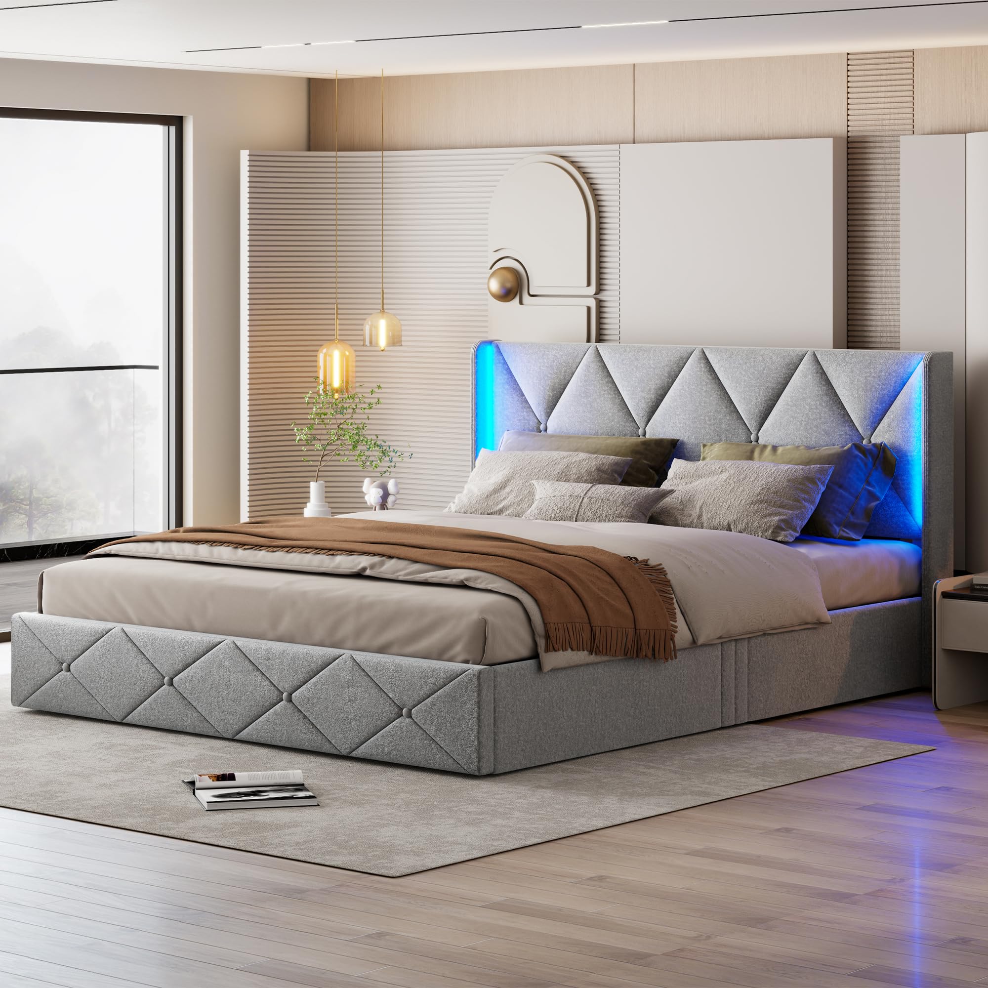 Générique Letto imbottito 140 x 200 cm, letto matrimoniale imbottito con ripostiglio, letto cassapanca con LED con rete a doghe in legno e testiera (grigio, 140 x 200 cm)