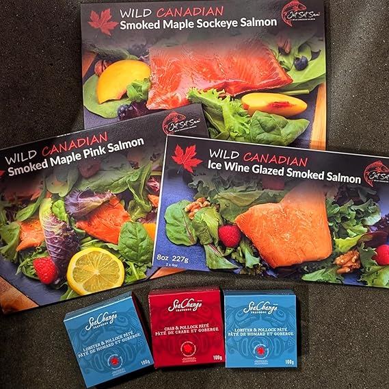 Smoked Salmon Food Gift Pack Featuring Wild Canadian Salmon, Lobster Spread, Crab Pate and Salmon Spread | Food Gift Box
