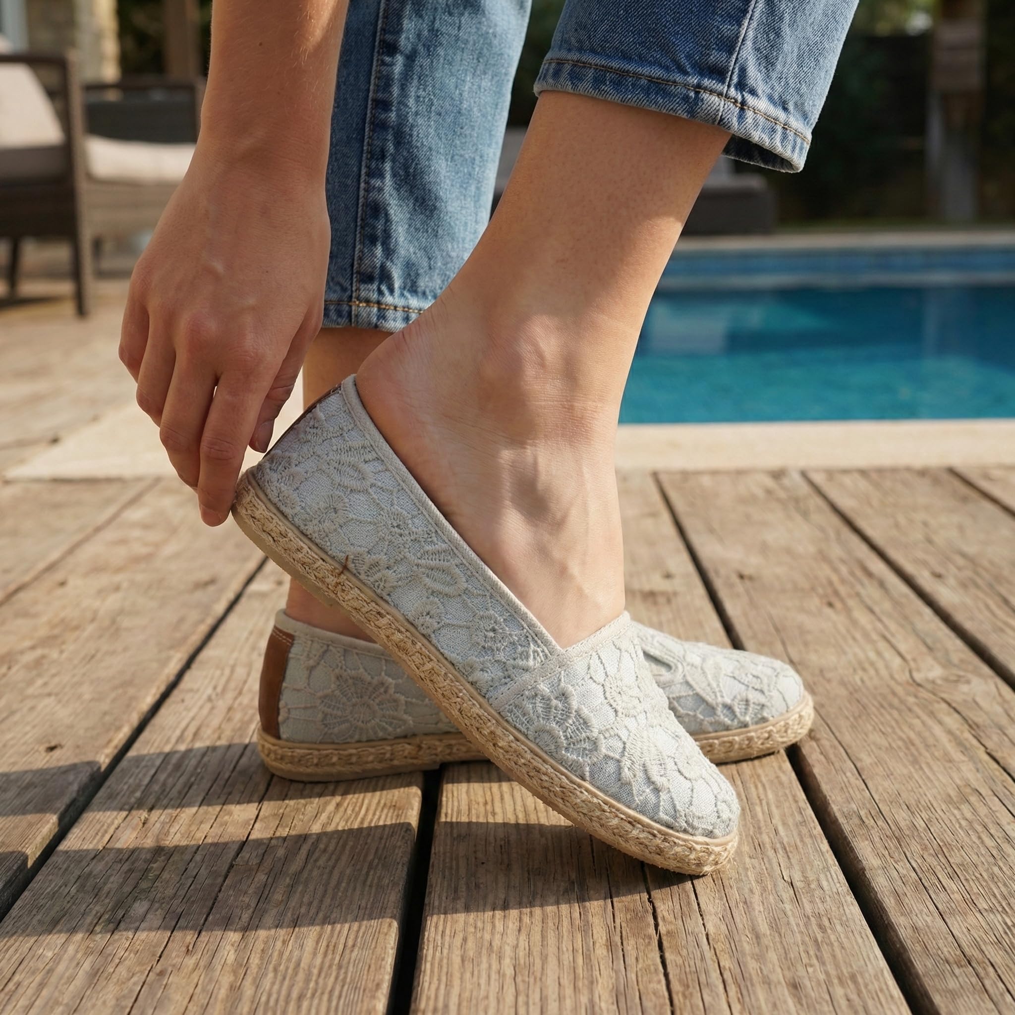 GLAMORA Alpargatas de Encaje con Suela de Esparto, Zapatos Planos Mujer Tipo Bailarinas Manoletinas Cómodas Slip On, Calzado Verano Ligero Transpirable Punta Redonda