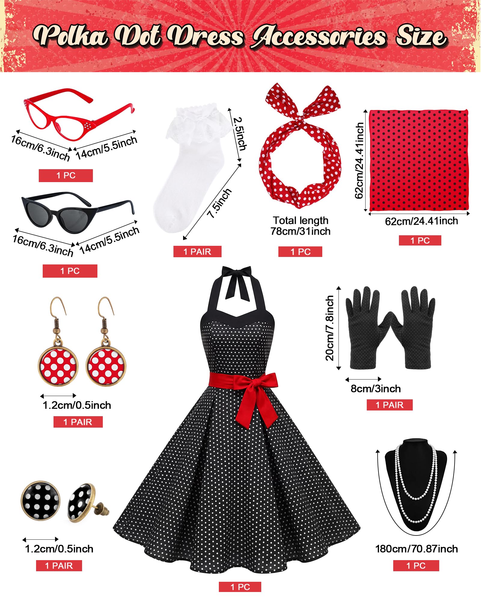 WILDPARTY Abito da donna anni '50, stile rockabilly, con 10 accessori, piccoli pois bianchi e neri, L | Costume vintage anni '50 con vestito a pois per carnevale, rockabilly, feste da ballo e feste a tema anni '50