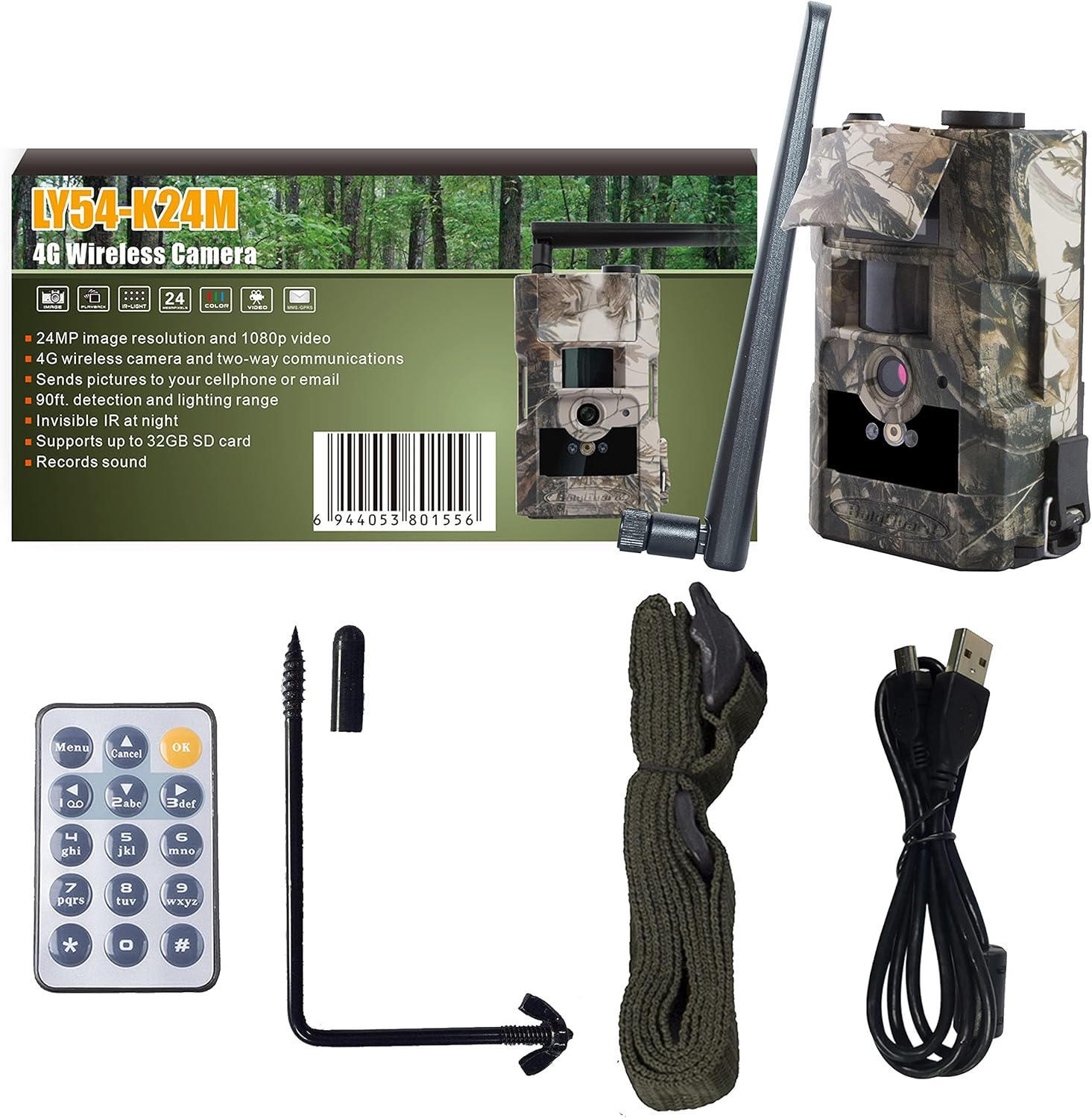 Contents of the Bolyguard LY54-K24M 4G Trail Camera box, including the camera, antenna, remote control, USB cable, mounting strap, and mounting screw.