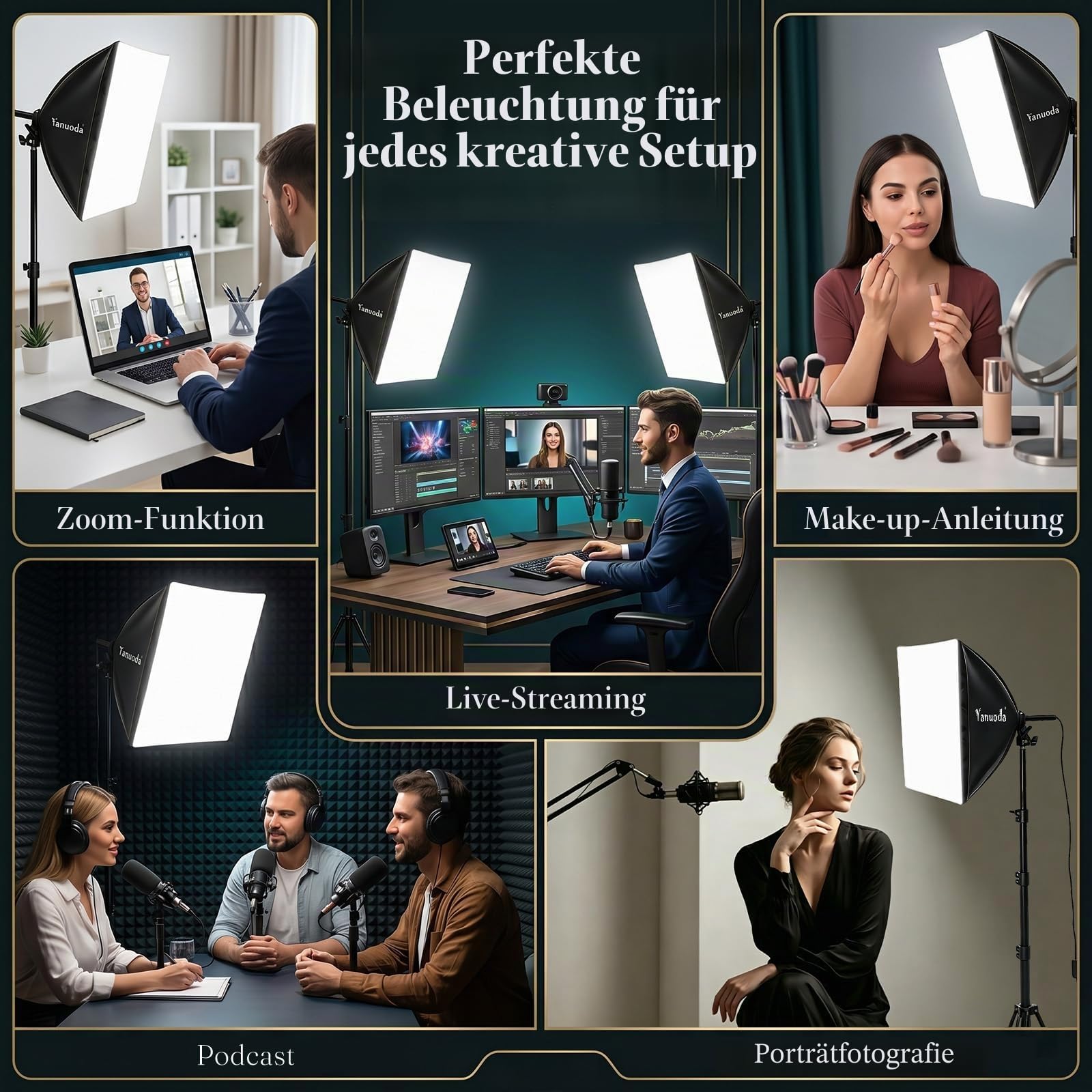 Softbox Fotostudio Set 40x40cm Fotolicht mit 95W LED-Lampe (3000–7500K, E27) – Studio-Beleleuchtung für Fotografie, Videos, Live-Streaming und Portraits