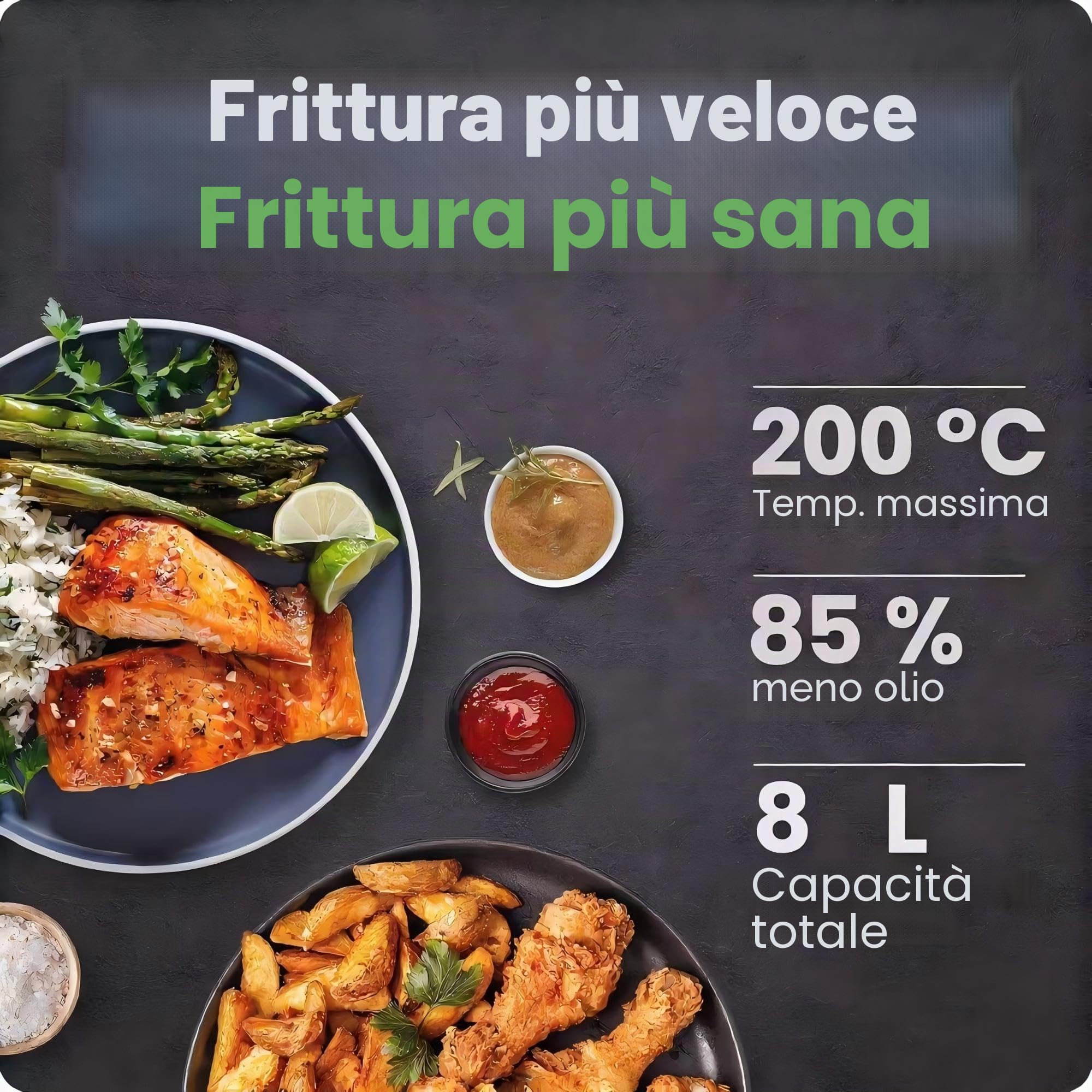 KEINVE Easy Fry & Grill - Friggitrice ad aria calda, tecnologia 2 in 1, display digitale, 8 litri, 8 programmi di cottura, a risparmio energetico, senza olio, nero