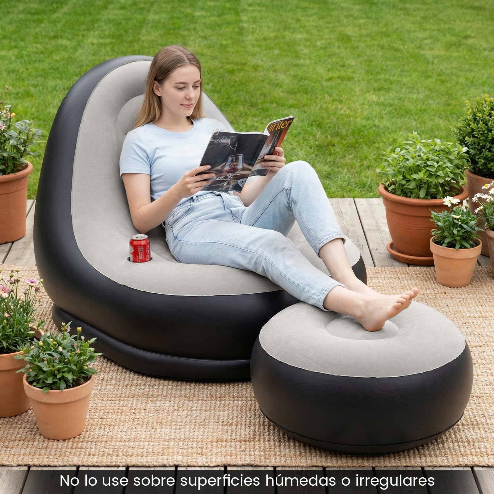COSTWAY Sofá Hinchable con Otomana, Sofá Portátil para Adultos con Superficie Flocada, Portavasos Integrado, Silla Individual Hinchable para Exterior, Interior, Camping, Viajes, Sin Bomba