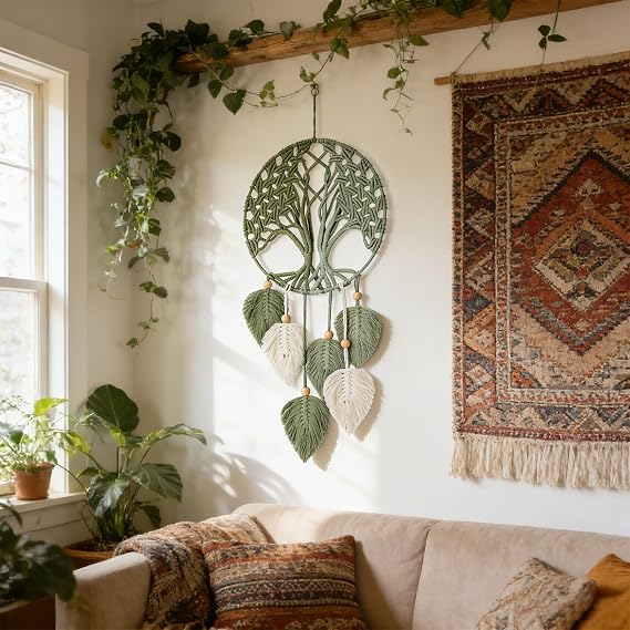 Crystalberry Macrame Leaf Wall Hanging Bohemian Leaves Woven Yarn Tapestry Leaf Macrame Wall Decor Craft Gifts Tapestry Kit for Living Room Bedroom (Green Tree of Life)