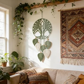 Crystalberry Macrame Leaf Wall Hanging Bohemian Leaves Woven Yarn Tapestry Leaf Macrame Wall Decor Craft Gifts Tapestry Kit for Living Room Bedroom (Green Tree of Life)