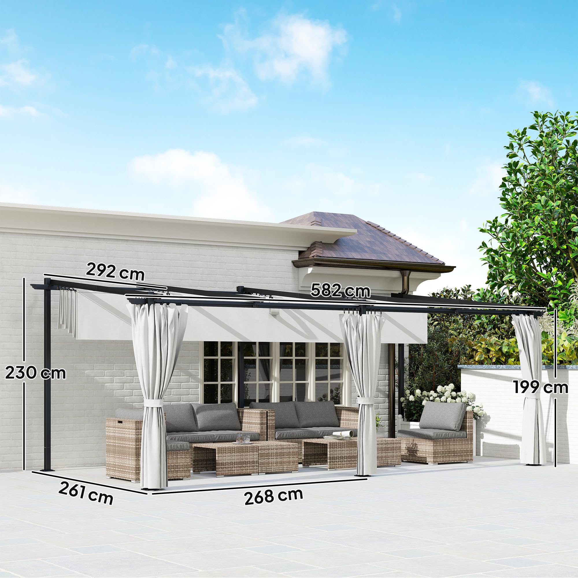 Outsunny Pergola rétractable 3 x 6 m avec Rideaux latéraux, tonnelle de Jardin en métal avec Protection Solaire UPF30+, abri pour terrasse, Patio, Gris Clair