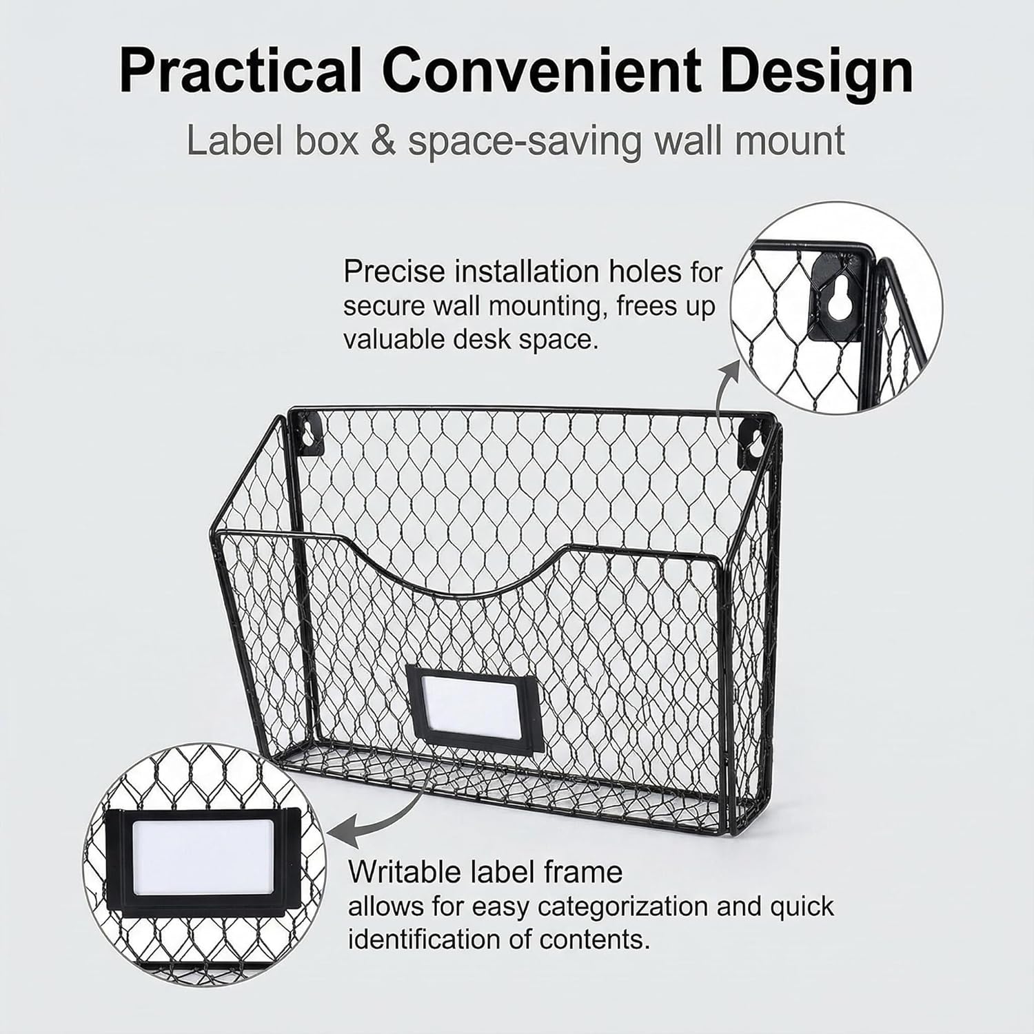 PAG 3 Pockets Hanging File Holder Wall Mount Mail Organizer Metal Chicken Wire Magazine Rack with Tag Slot, Black