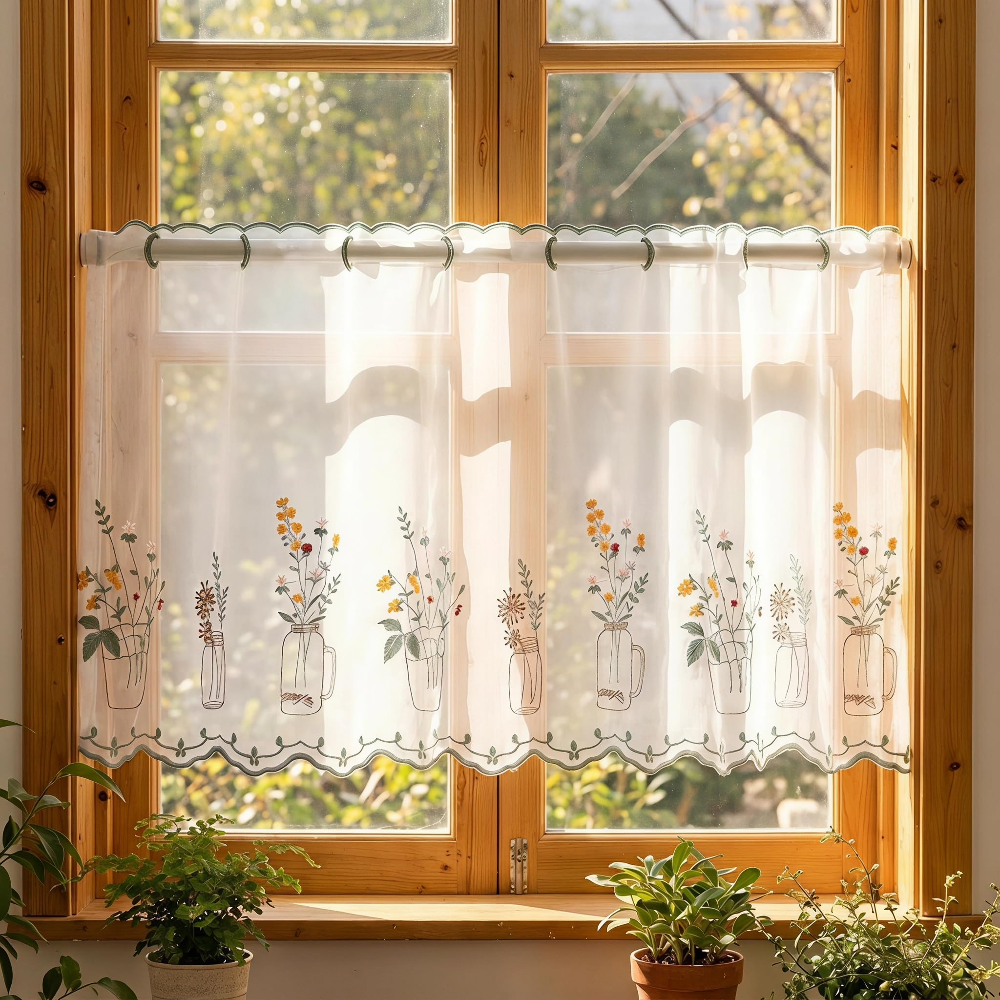 MIGIFTDY Embroidery Floral Cafe Curtain,Vase Flower Embroidered Short Sheer Curtain,W39.37×L19.69Inch(100×50CM),Light Filtering Privacy Window Tier for Kitchen Sink,Cafe,Bathroom Small Window