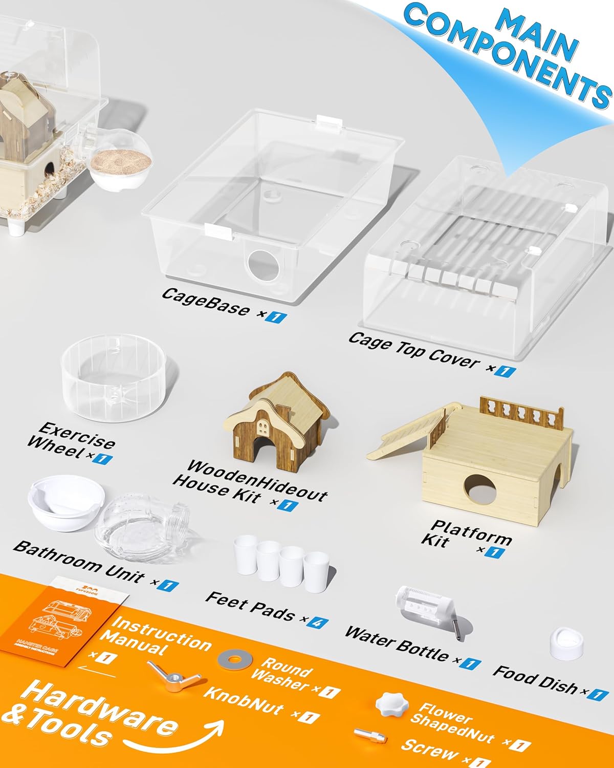 5s Assembly Hamster Cage, 17" Double Decker Small Animal Habitat | With Accessories, Stackable Travel Carrier for Dwarf Hamsters, Gerbils, Mice (Full Clear, Tool-Free)