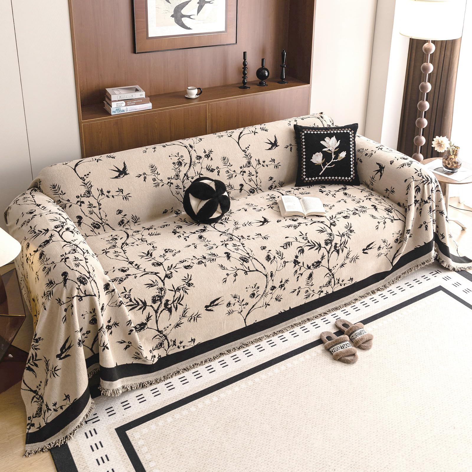 HANDONTIME Couch Cover for Dogs Washable Bird Floral Pattern Slipcovers for Couches and Sofas Camel Sofa Covers with Black Jacquard Flower Chenille