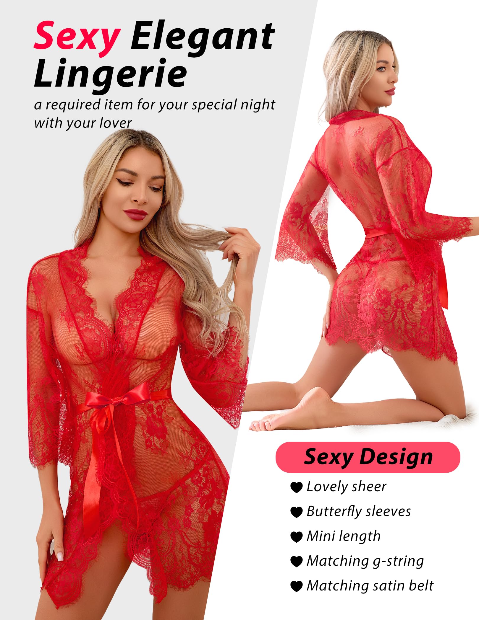 Narcisse Lace Kimono Robe Lingerie Women Sexy Mesh Chemise Nightgown Babydoll V Neck Sheer Sleepwear Black Multiple Sizes: Red XX-Large