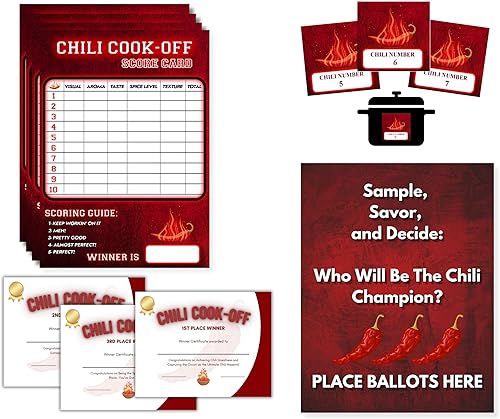 Chili cook score cards for competition scorecard for chili cook-off party, voting ballots, all in one bundle - Chili scorecards, chili labels,