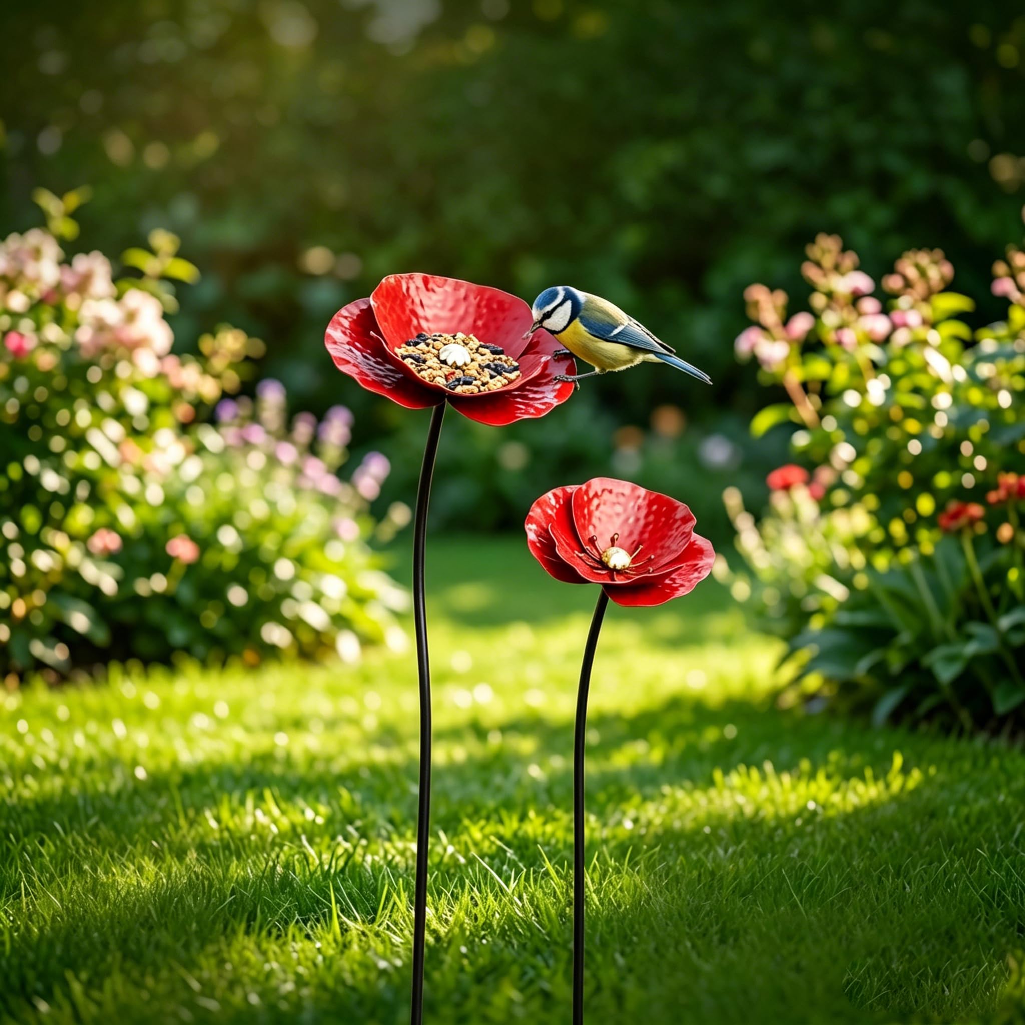 Lot de 2 décorations de jardin classiques en métal avec coquelicots colorés, décoration de jardin pour le printemps et l'été, design durable et résistant aux intempéries (rouge)