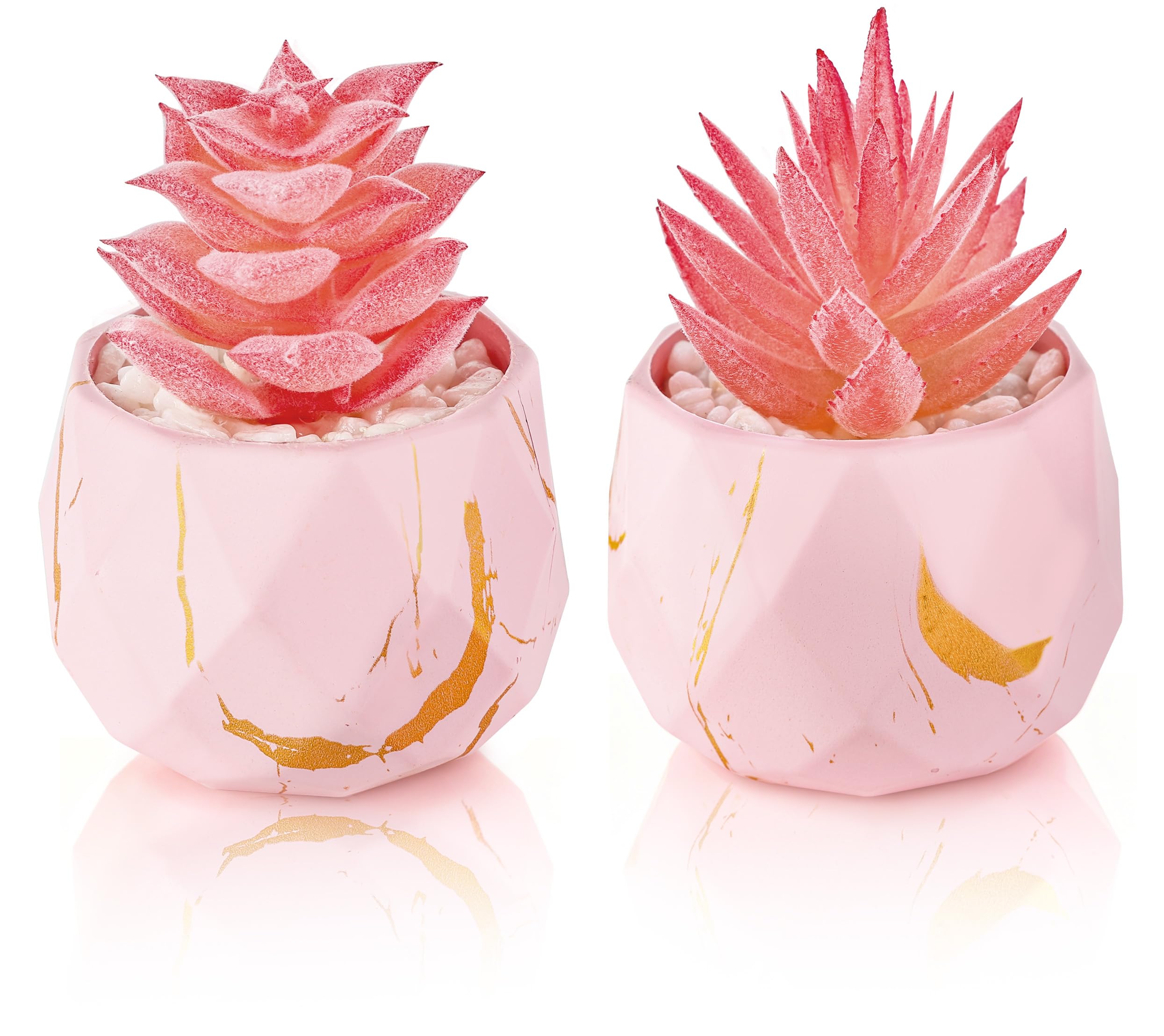 Der Rose Set of 2 Fake Succulent Plants Mini Fake Plants in Shatterproof Gold-Streak Pots, Pink Room Decor for Bathroom Vanity, Office Desk Accessories, Gift for Women