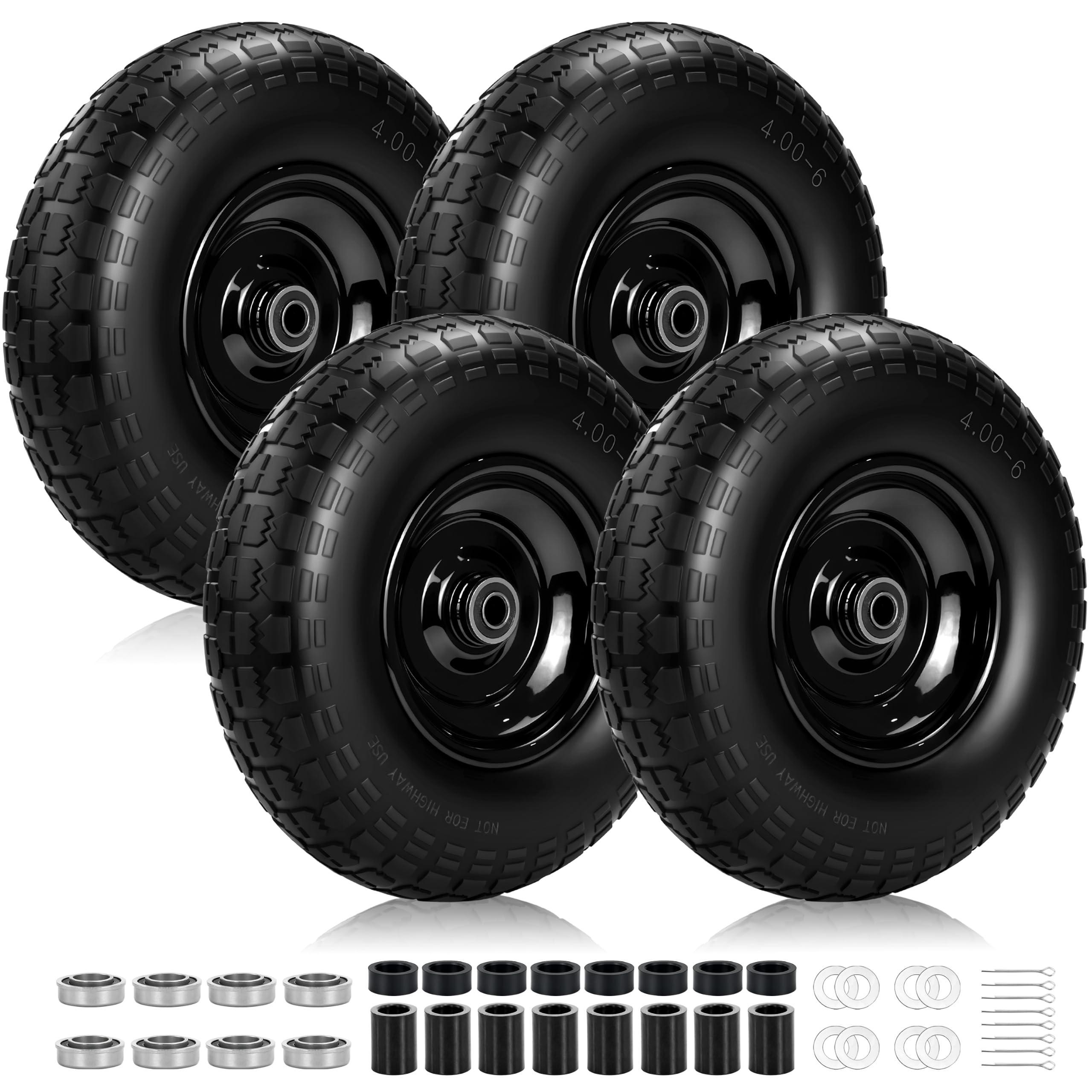4 Pcs 13x4.00-6 Flat Free Tire and Wheel with 5/8" &amp; Extra 3/4" Bearings