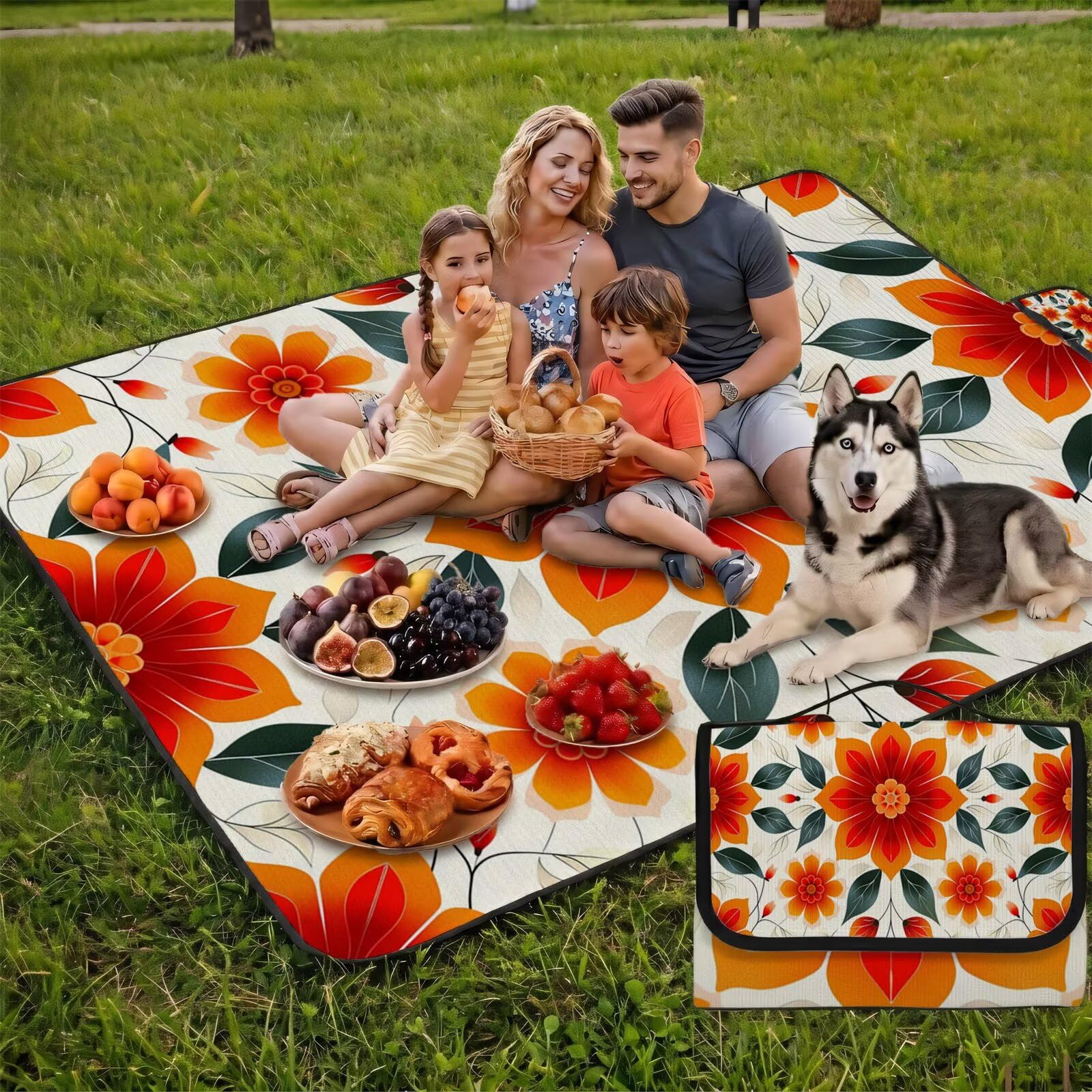 Couverture Pique Nique Grande 200x300cm,Outdoor Couverture Imperméable,Pliable Tapis de Plage Dos en PVC Anti-Sable,Picnic Blanket pour Camping Accessoires,Jardin,Parc - Rouge,Plantes (2) UZ-689