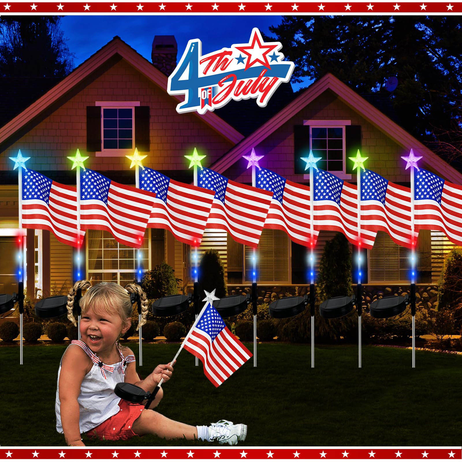 Photo 1 of FISHOPE US Flag Solar Garden Lights – 7 Color Changing American Flag Outdoor Solar Lights, Patriotic Decorations for 4th of July, Memorial Day, Independence Day, Yard Garden Patio – 8 Pack